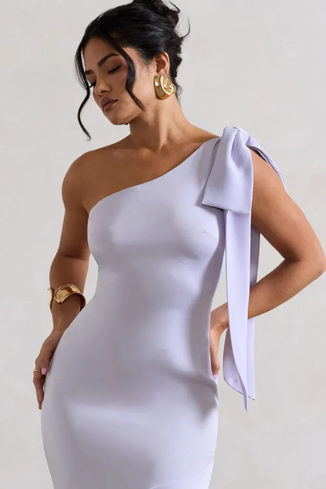 Here For Love | Lilac Satin Asymmetric Maxi Dress With Bow
