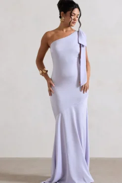 Here For Love | Lilac Satin Asymmetric Maxi Dress With Bow