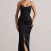 Hermosa | Black Satin Cowl-Neck Twisted Split Maxi Dress