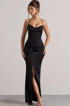 Hermosa | Black Satin Cowl-Neck Twisted Split Maxi Dress