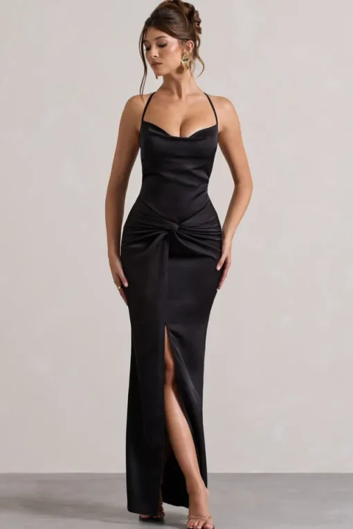 Hermosa | Black Satin Cowl-Neck Twisted Split Maxi Dress