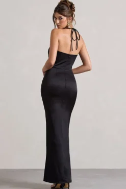 Hermosa | Black Satin Cowl-Neck Twisted Split Maxi Dress