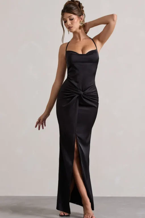 Hermosa | Black Satin Cowl-Neck Twisted Split Maxi Dress