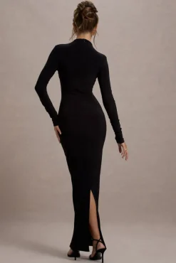 Hespera | Black High-Neck Long-Sleeve Gathered Maxi Dress