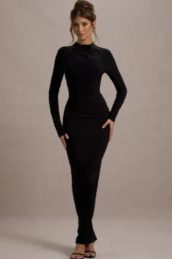 Hespera | Black High-Neck Long-Sleeve Gathered Maxi Dress