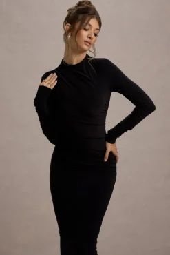 Hespera | Black High-Neck Long-Sleeve Gathered Maxi Dress