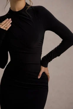 Hespera | Black High-Neck Long-Sleeve Gathered Maxi Dress