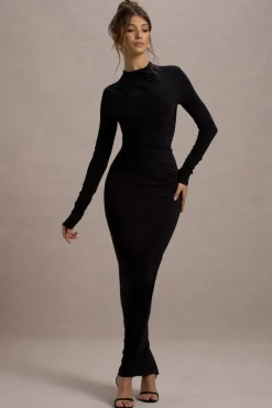 Hespera | Black High-Neck Long-Sleeve Gathered Maxi Dress