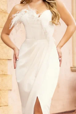 High Class | White Bandeau Thigh Split Maxi Dress With Feather Trim