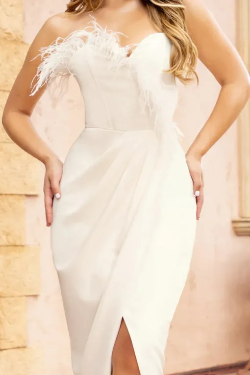 High Class | White Bandeau Thigh Split Maxi Dress With Feather Trim