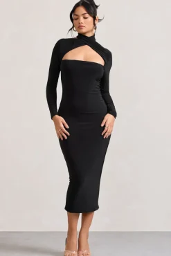 High Hopes | Black Halter-Neck Long-Sleeved Bodycon Midi Dress