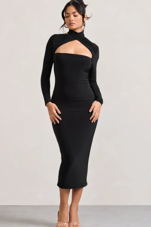 High Hopes | Black Halter-Neck Long-Sleeved Bodycon Midi Dress