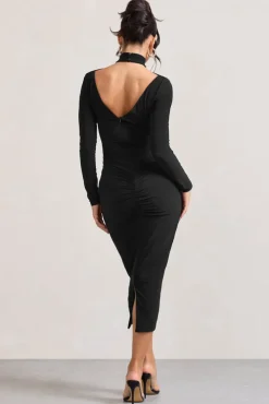 High Hopes | Black Halter-Neck Long-Sleeved Bodycon Midi Dress