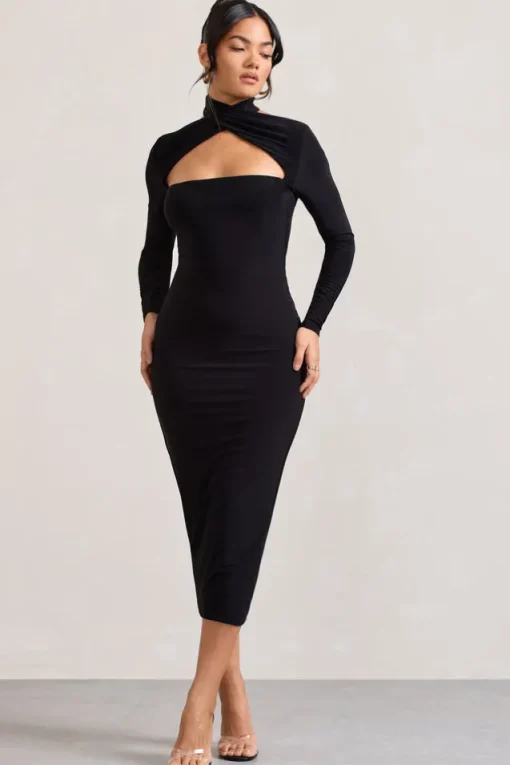 High Hopes | Black Halter-Neck Long-Sleeved Bodycon Midi Dress