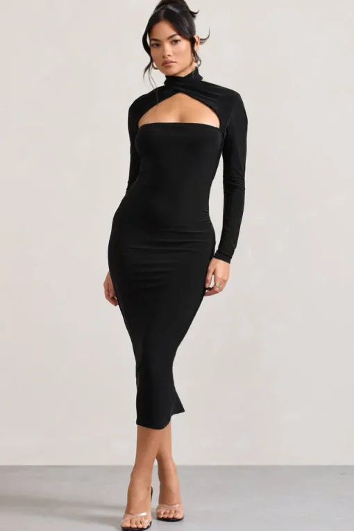 High Hopes | Black Halter-Neck Long-Sleeved Bodycon Midi Dress