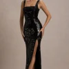 High Life | Black Sequin Square Neck Split Front Maxi Dress