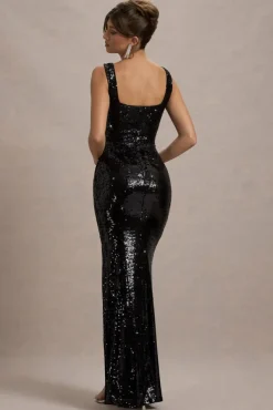 High Life | Black Sequin Square Neck Split Front Maxi Dress
