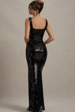 High Life | Black Sequin Square Neck Split Front Maxi Dress