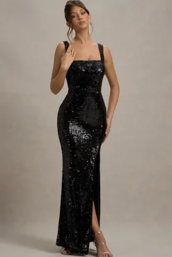 High Life | Black Sequin Square Neck Split Front Maxi Dress