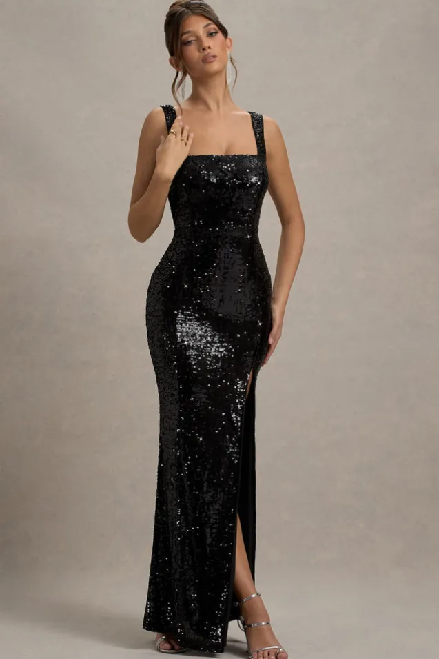 High Life | Black Sequin Square Neck Split Front Maxi Dress