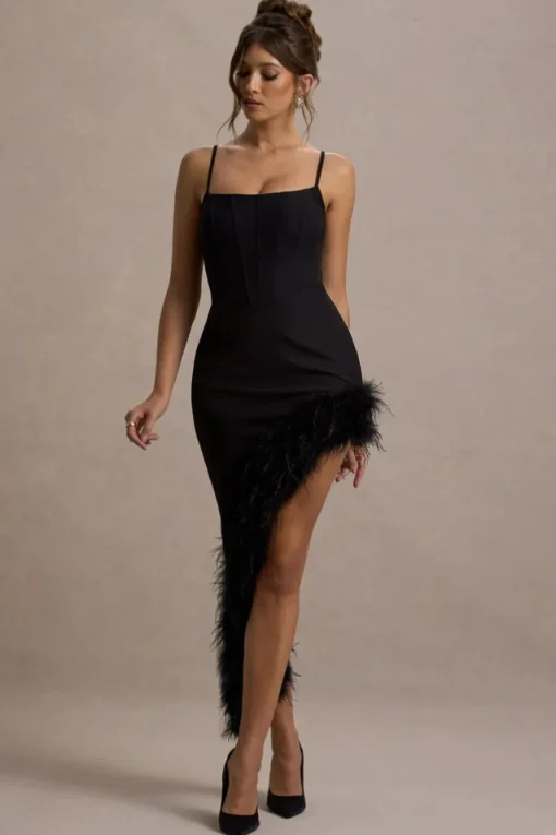 High Status | Black Strappy Corset Asymmetric Maxi Dress With Feather Trim