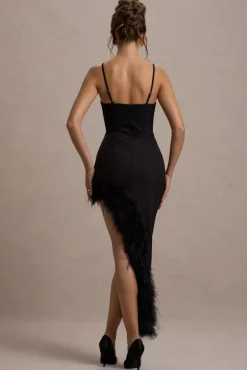 High Status | Black Strappy Corset Asymmetric Maxi Dress With Feather Trim