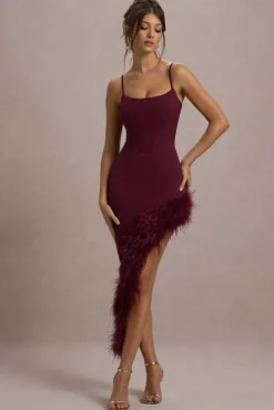 High Status | Burgundy Strappy Corset Asymmetric Maxi Dress With Feather Trim