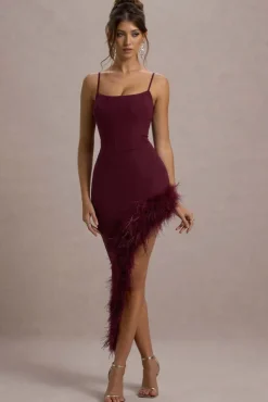 High Status | Burgundy Strappy Corset Asymmetric Maxi Dress With Feather Trim