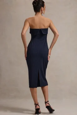 Highway | Navy Pinstripe Strapless Midi Dress