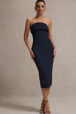 Highway | Navy Pinstripe Strapless Midi Dress