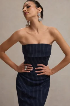 Highway | Navy Pinstripe Strapless Midi Dress