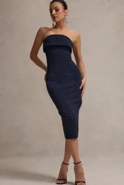 Highway | Navy Pinstripe Strapless Midi Dress
