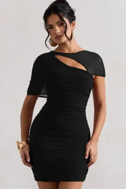 Himalaya | Black Ruched Mini Dress With Mesh Overlay