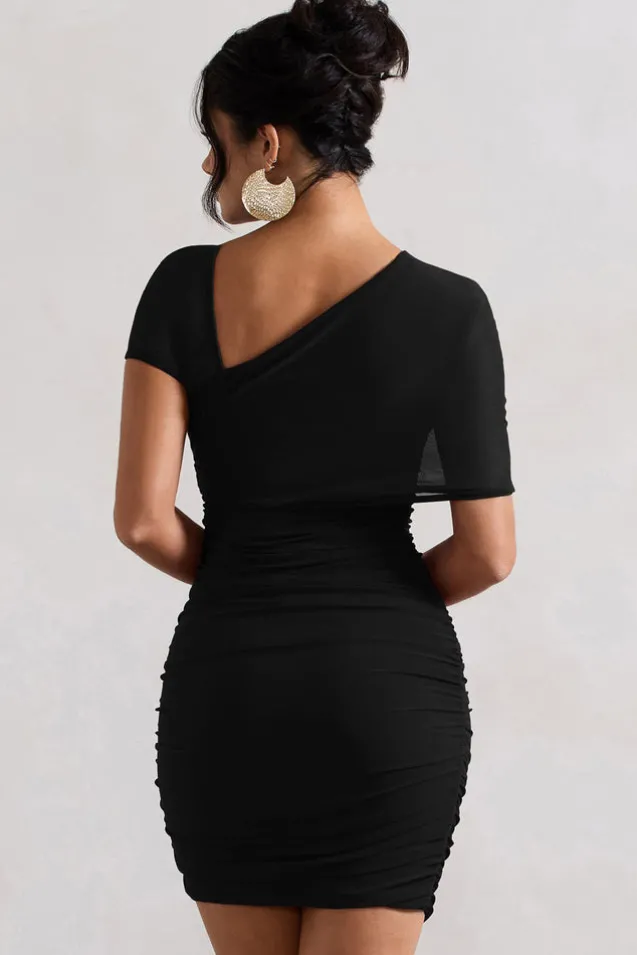 Himalaya | Black Ruched Mini Dress With Mesh Overlay