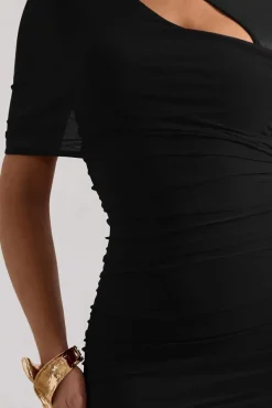 Himalaya | Black Ruched Mini Dress With Mesh Overlay