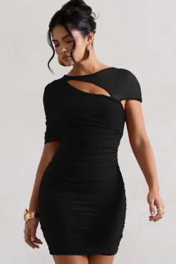 Himalaya | Black Ruched Mini Dress With Mesh Overlay