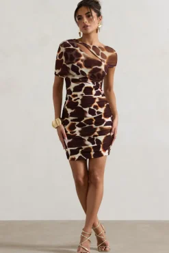 Himalaya | Giraffe Print Ruched Mini Dress With Mesh Overlay