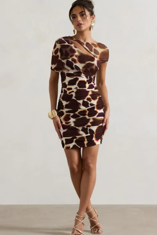 Himalaya | Giraffe Print Ruched Mini Dress With Mesh Overlay