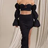 Holiday | Black Ruched Asymmetric Maxi Skirt