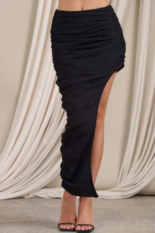 Holiday | Black Ruched Asymmetric Maxi Skirt