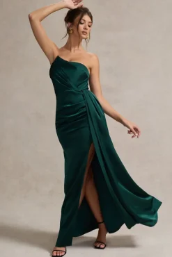 Hollywood | Bottle Green Satin Strapless Draped Maxi Dress