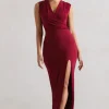 Honour | Berry V-Neck Split Maxi Dress With Cowl-Back