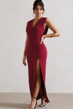 Honour | Berry V-Neck Split Maxi Dress With Cowl-Back
