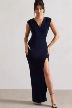 Honour | Navy V-Neck Split Maxi Dress With Cowl-Back