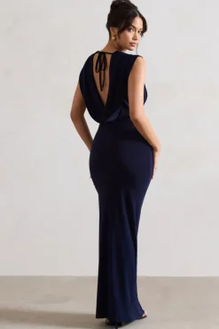 Honour | Navy V-Neck Split Maxi Dress With Cowl-Back