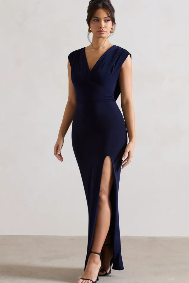 Honour | Navy V-Neck Split Maxi Dress With Cowl-Back