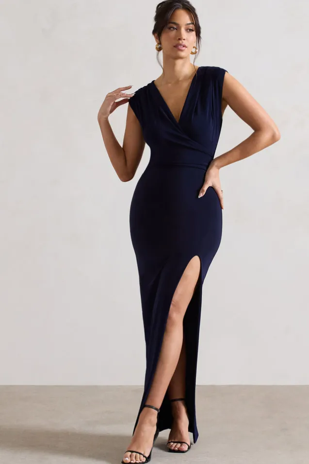 Honour | Navy V-Neck Split Maxi Dress With Cowl-Back