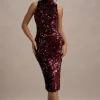 Hypnosis | Berry Sequin Sleeveless High-Neck Midi Dress