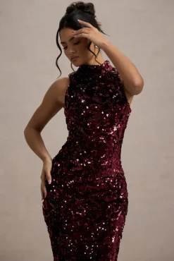 Hypnosis | Berry Sequin Sleeveless High-Neck Midi Dress