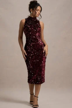 Hypnosis | Berry Sequin Sleeveless High-Neck Midi Dress